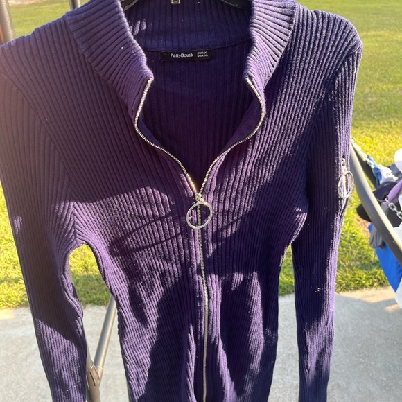 PattyBoutik Women's Ribbed Zipper Cardigan in Purple - Picture 1 of 5